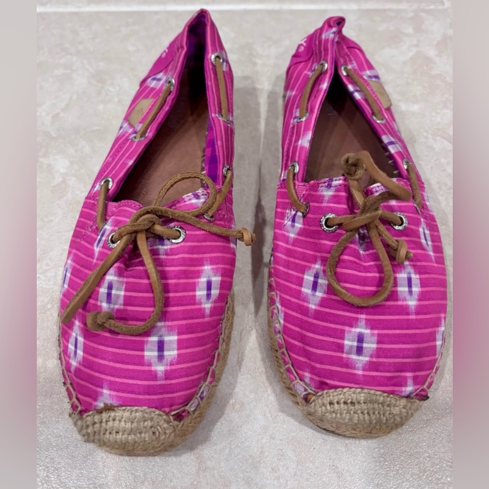 Sperry Pink Ikat Espadrille Boat Shoes with Brown Laces